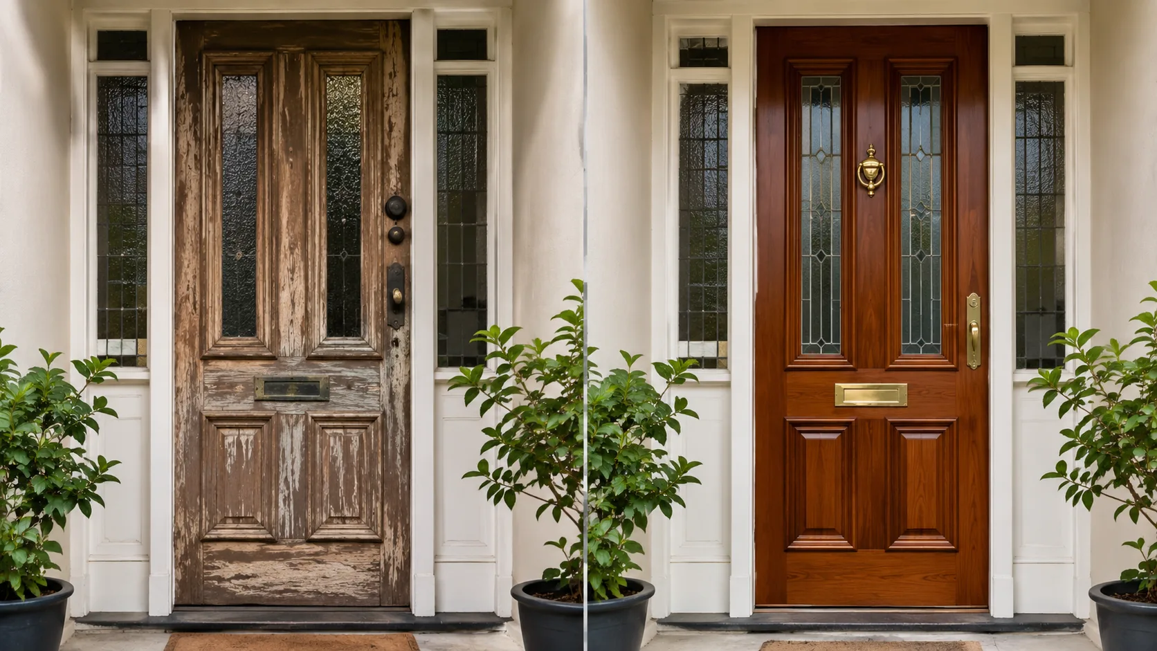 comparing a weathered timber door with a professionally restored front doorin melbourne